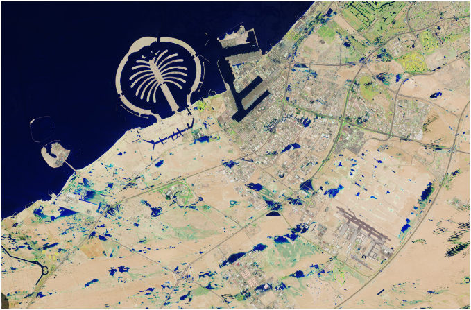 NASA's Revealing Images of UAE's Flooded Regions Post-Heavy Rains.